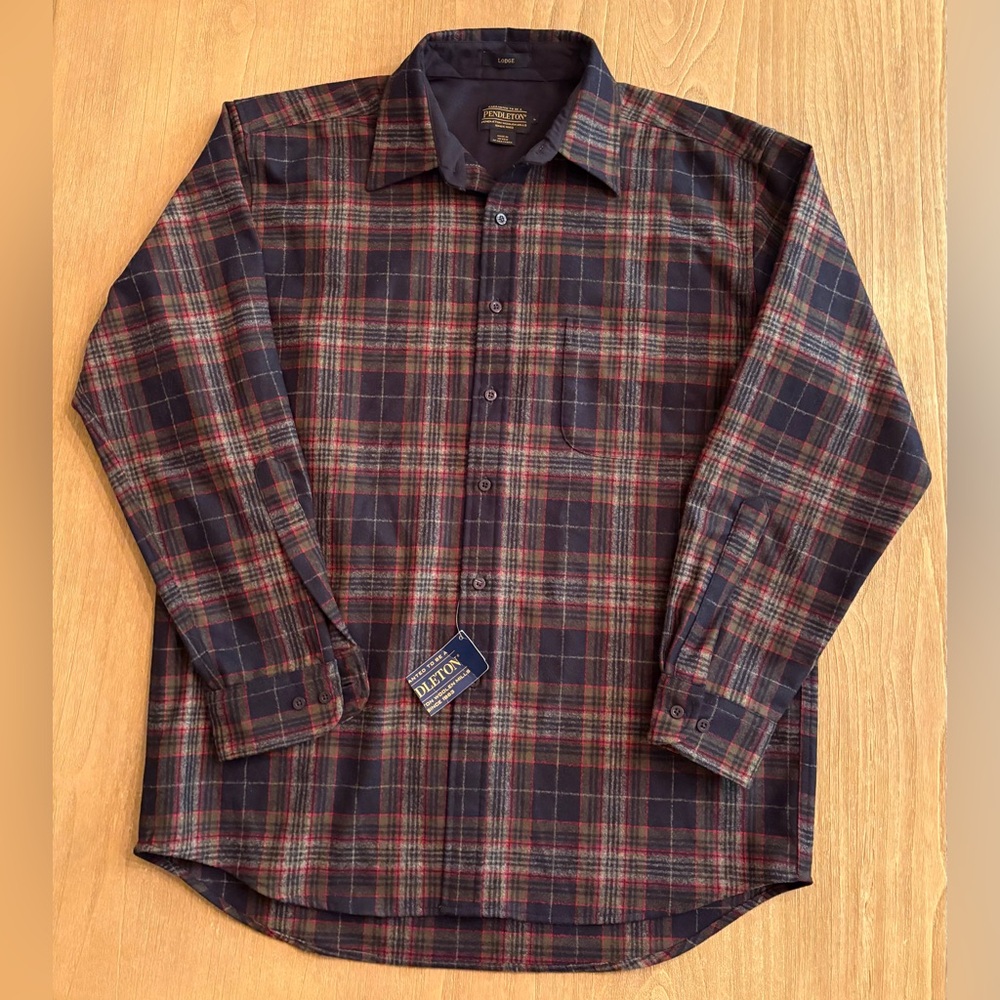 Pendleton Lodge Wool Plaid Button Down Shirt Men’s Large NWT Navy Red Green